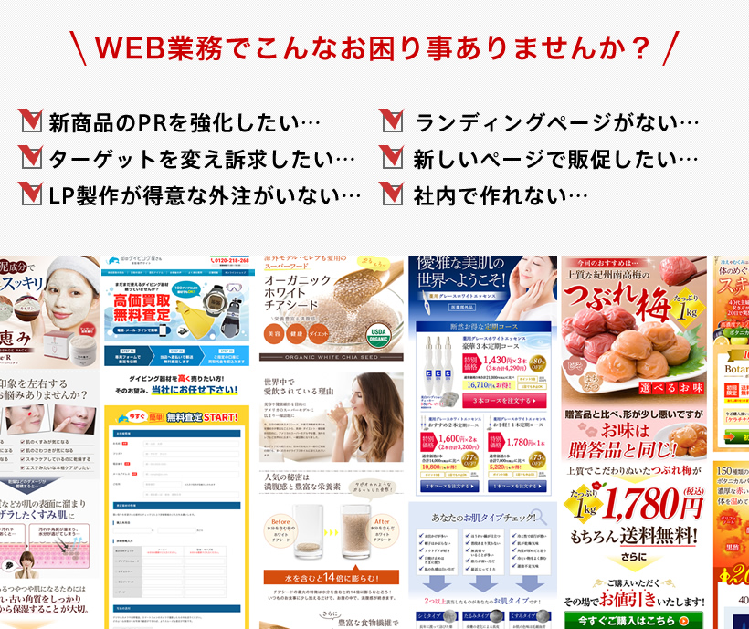 WEB業務でこんなお困り事ありませんか? 新商品をPRを強化したい LPがない ターゲットを変え訴求がしたい 新しいページで販促したい LP製作が得意な外注がいない 社内で作れない